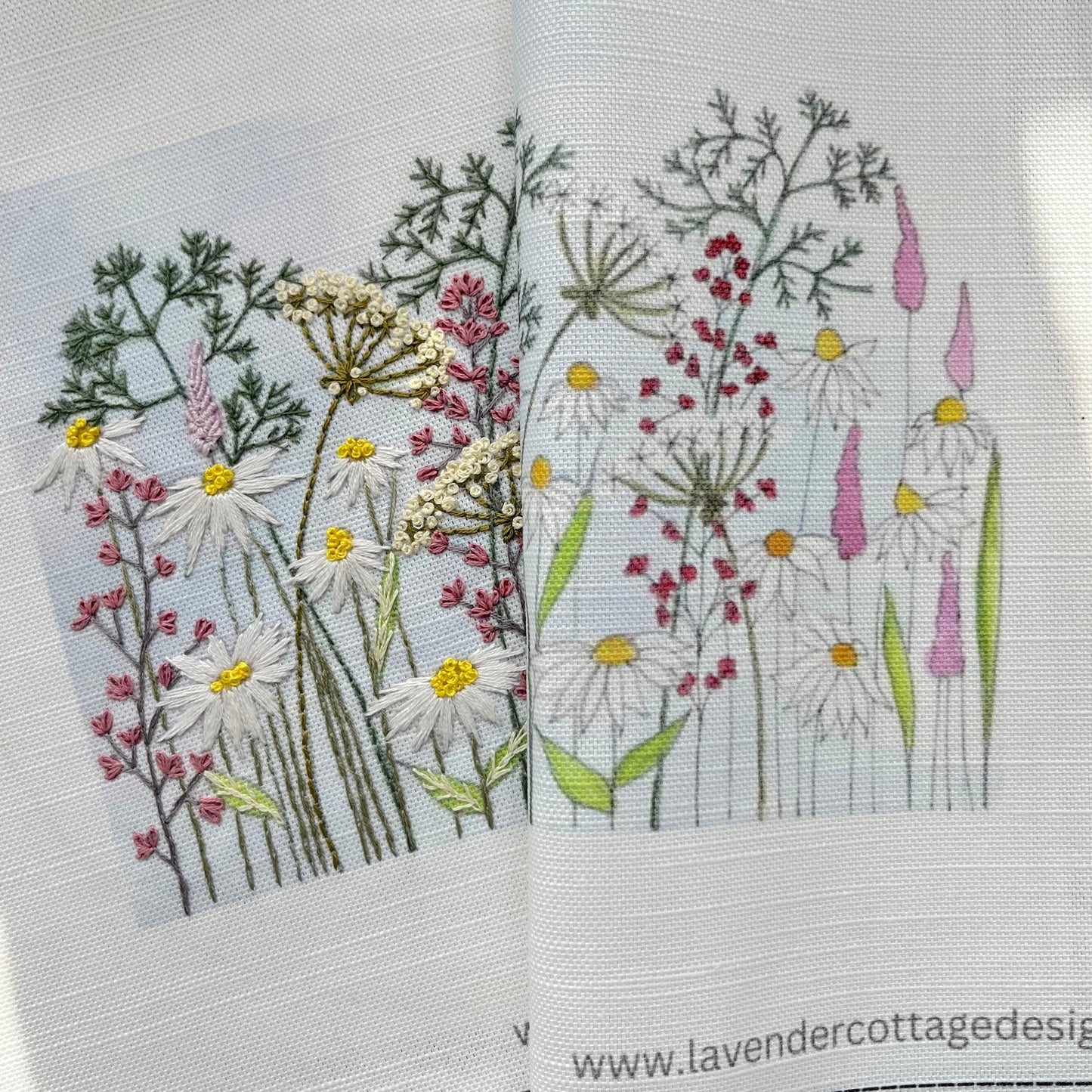 Embroidered design of wildflowers on fabric with 'Lavender Cottage Designs' branding.