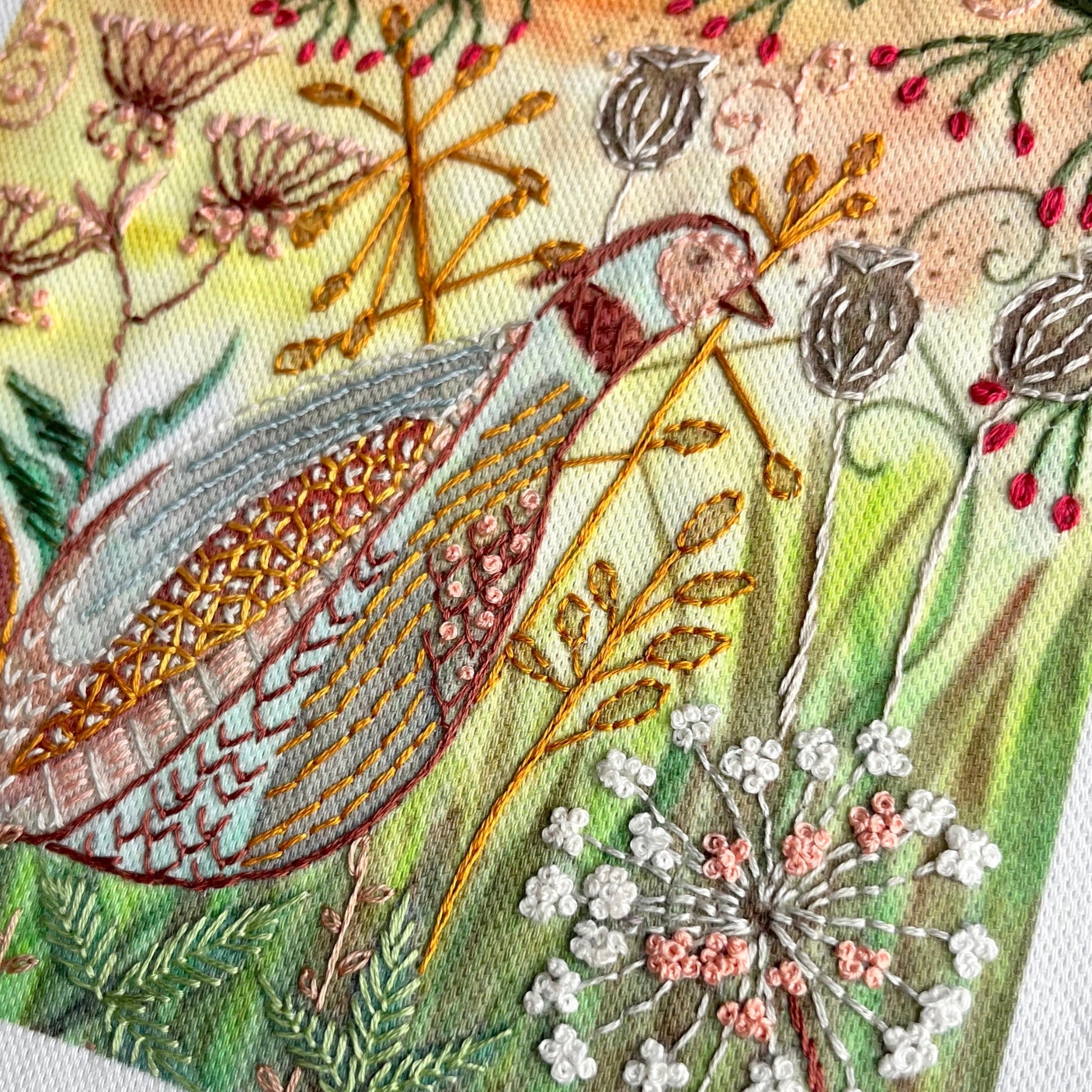 Embroidered fabric with floral and bird design