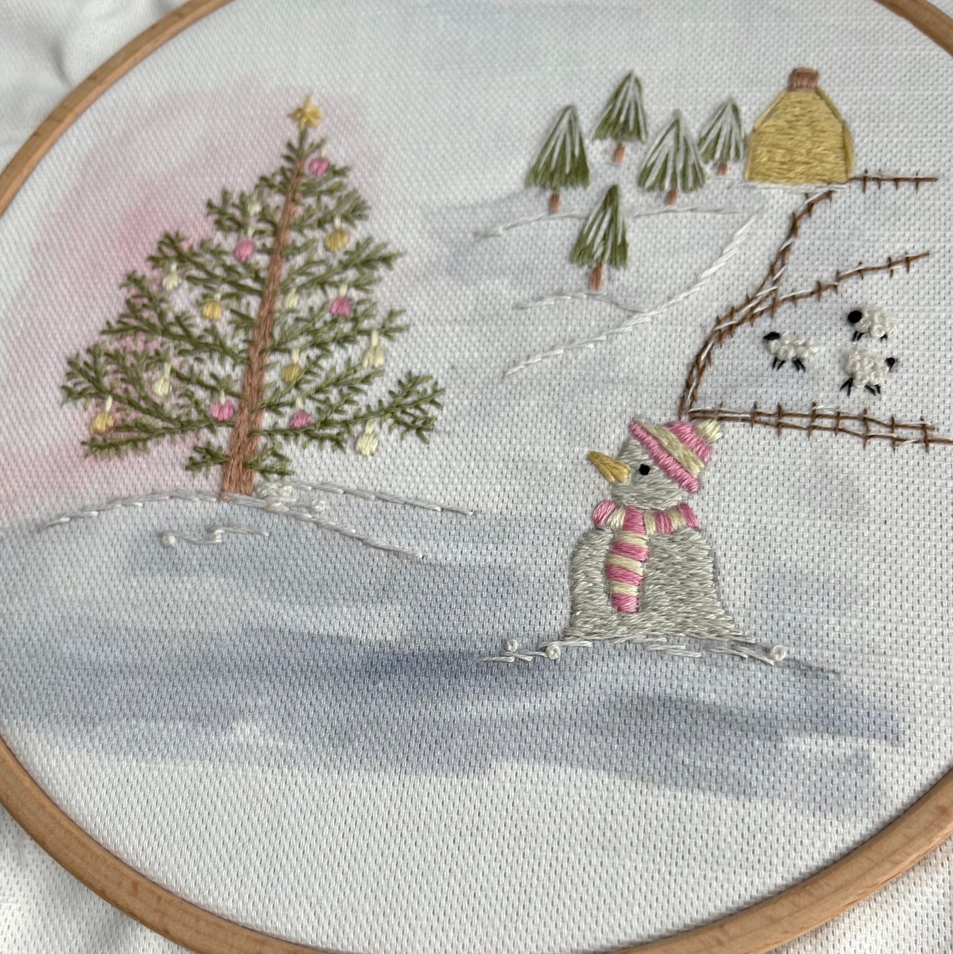Embroidery of a snowman and Christmas tree in a snowy landscape.