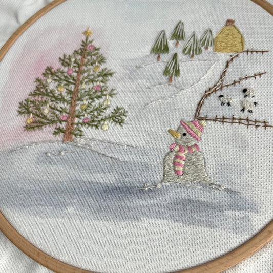 Embroidery of a snowman and Christmas tree in a snowy landscape.