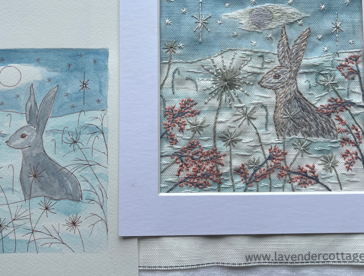 The Snow Moon and Hare in winter: Pre printed panel