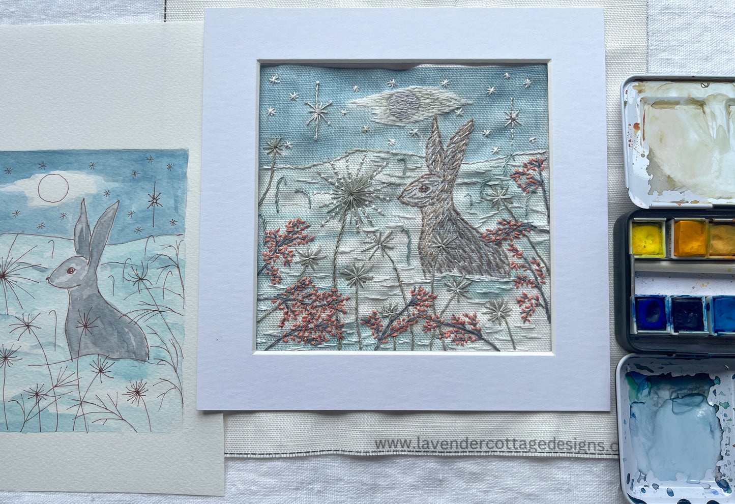 The Snow Moon and Hare in winter: Pre printed panel