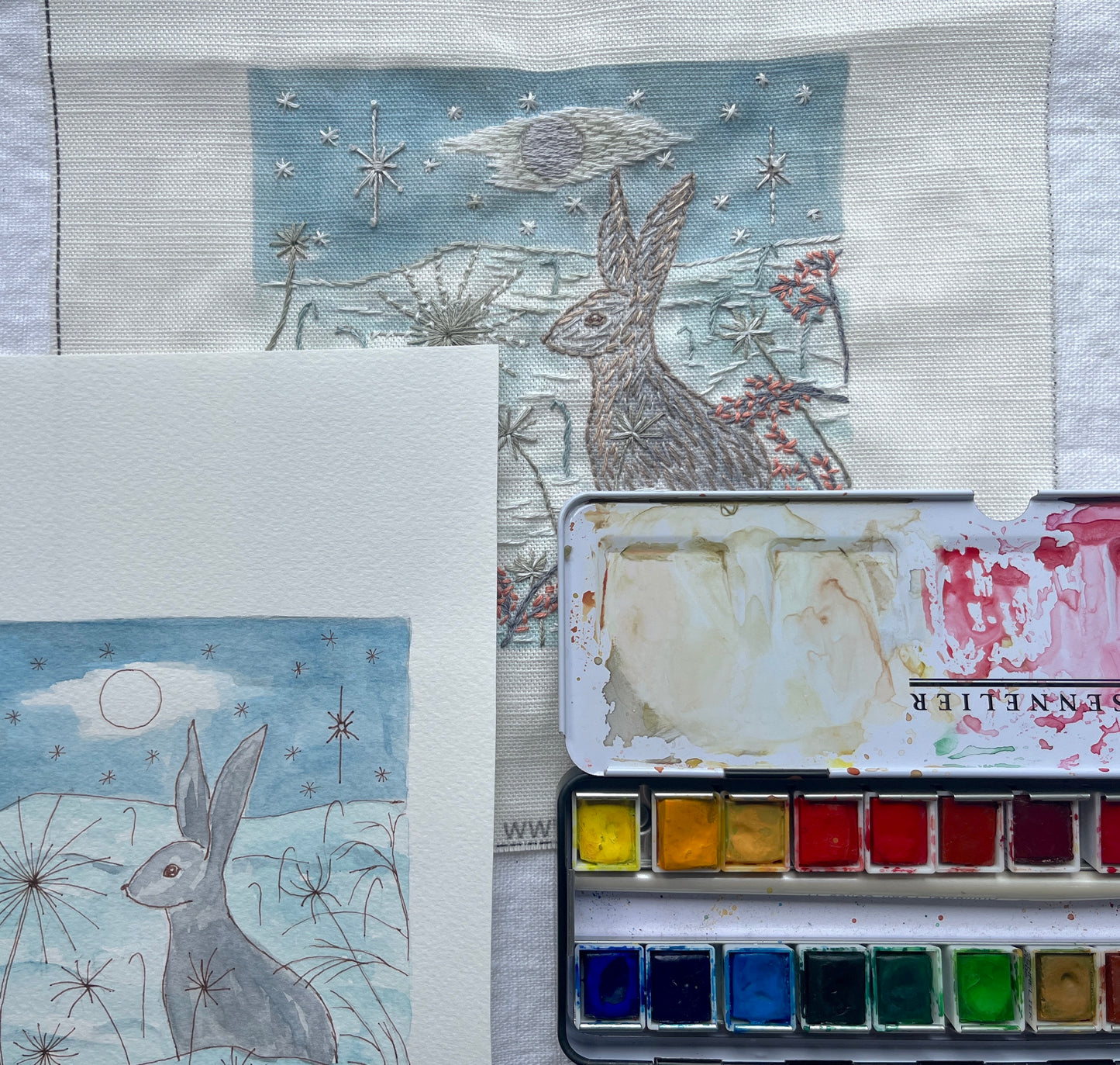 The Snow Moon and Hare in winter: Pre printed panel
