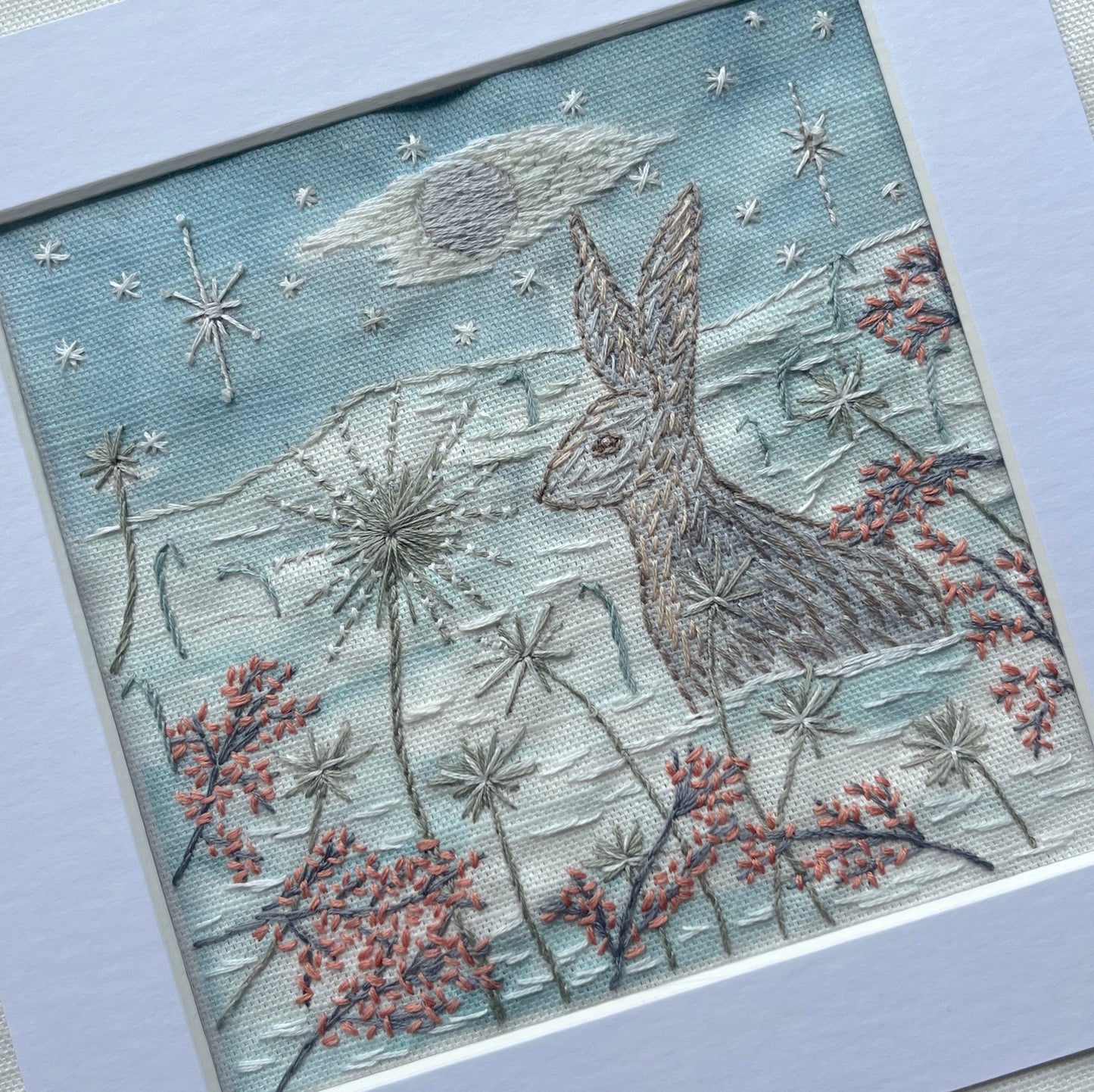 The Snow Moon and Hare in winter: Pre printed panel