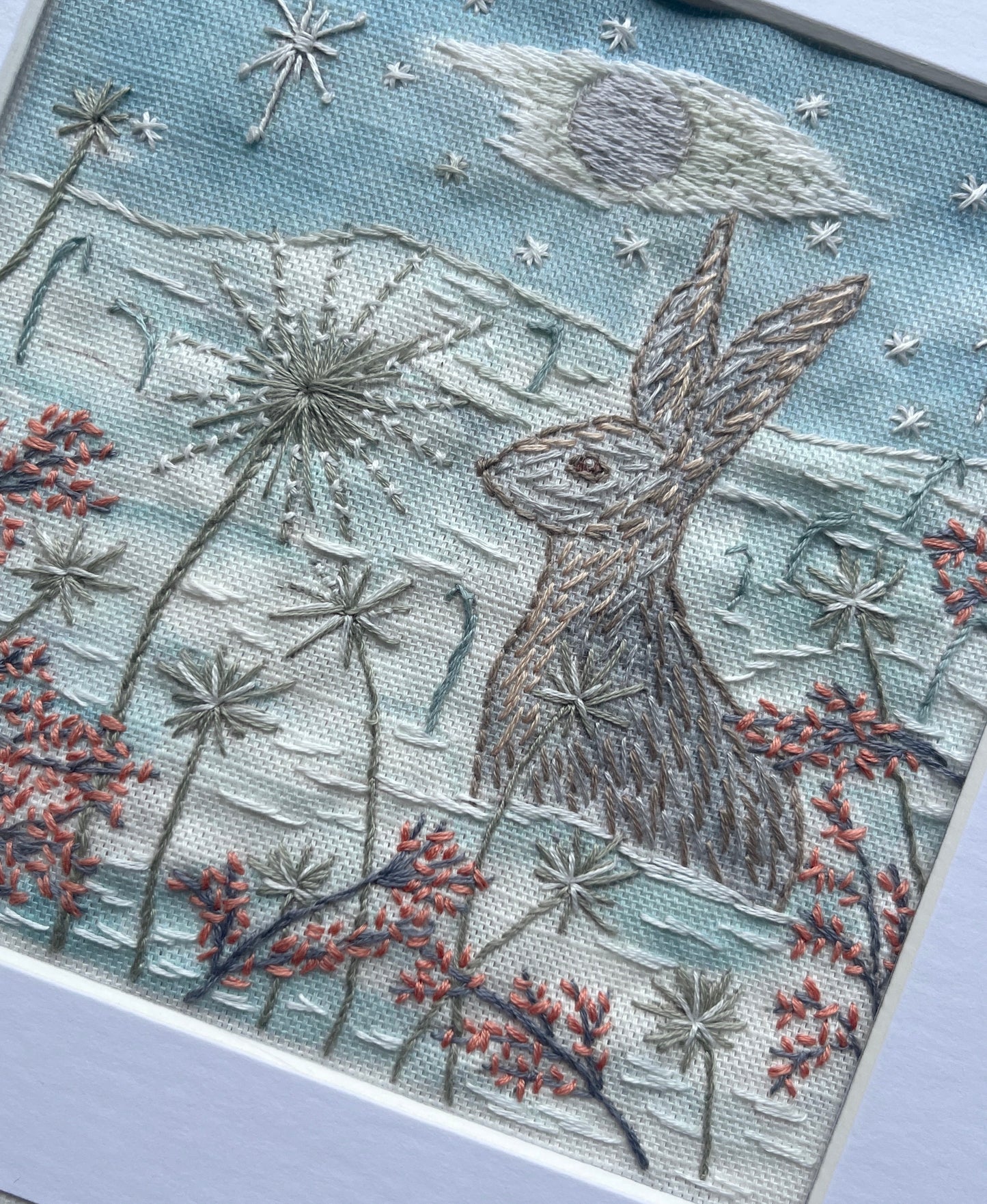 The Snow Moon and Hare in winter: Pre printed panel