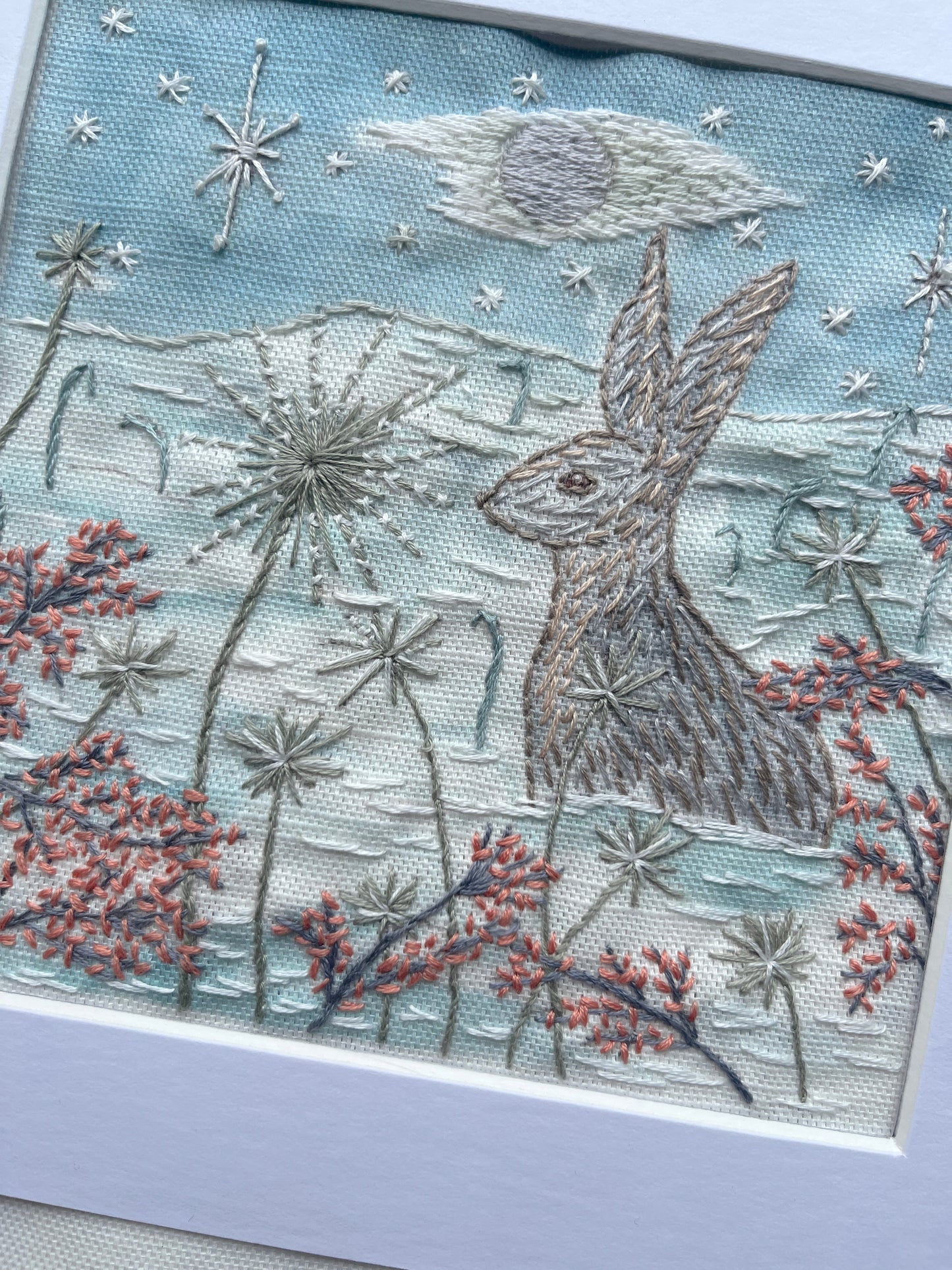 The Snow Moon and Hare in winter: Pre printed panel